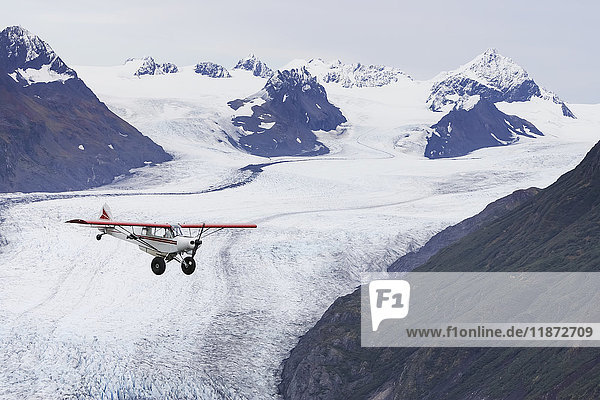 Bush plane in flight over Grewingk Glacier  Kachemak Bay State Park  Southcentral Alaska  USA