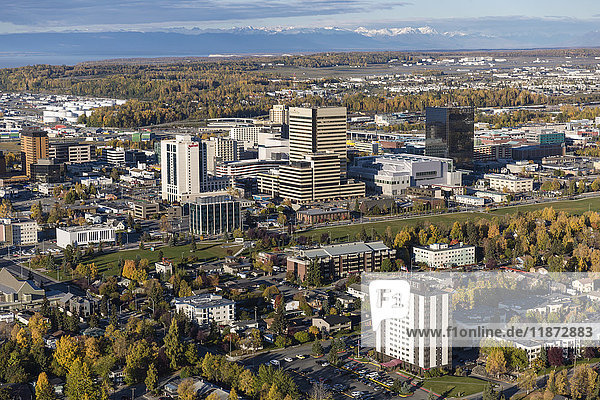 Aerial view of downtown Anchorage in autumn Southcentral Alaska USA