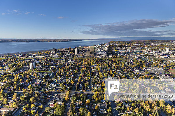 Aerial view of downtown Anchorage in autumn  Southcentral Alaska  USA
