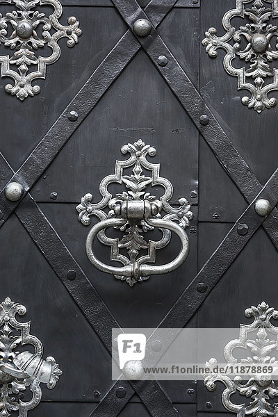 'Close-up detail of the architectural detail of a door with silver knocker; Prague  Czech Republic'