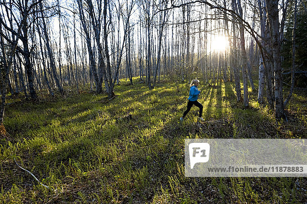 'A young woman running across the plants of the forest floor in a forest; Homer  Alaska  United States of America'