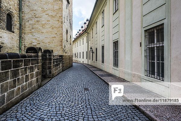 'Narrow cobblestone road between buildings; Prague  Czechia'