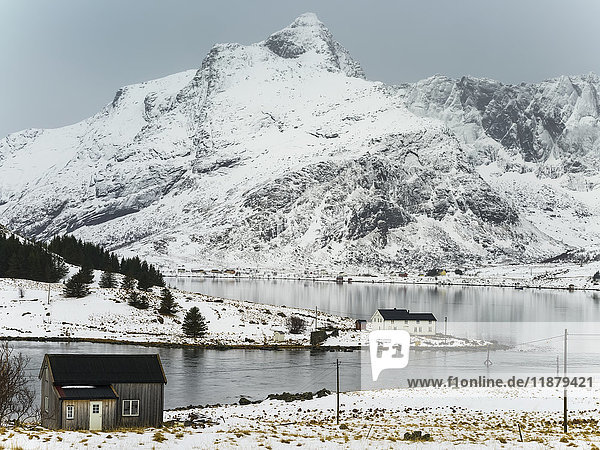 Schroffe  spitze  schneebedeckte Berge und ruhiges Wasser entlang der Küste; Lofoten  Nordland  Norwegen'.