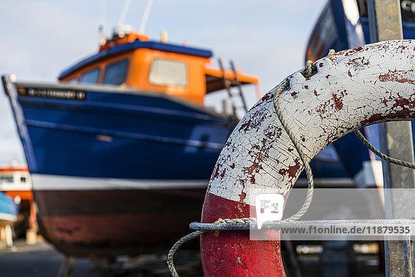 Close-up of a weathered life preserver and a fishing boat in the background; Seahouses  Northumberland  England