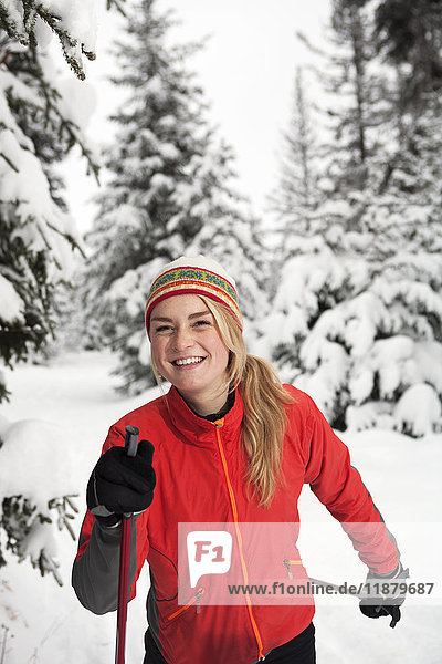 'A young woman cross country skiing  Ohlson Mountain; Alaska  United States of America'