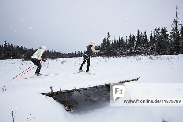 Skilanglauf über eine kleine Brücke im Winter; Homer  Alaska  Vereinigte Staaten von Amerika'.