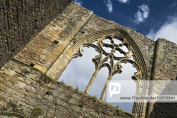 'Stone facade and decorative window of a ruined building; North Yorkshire  England'
