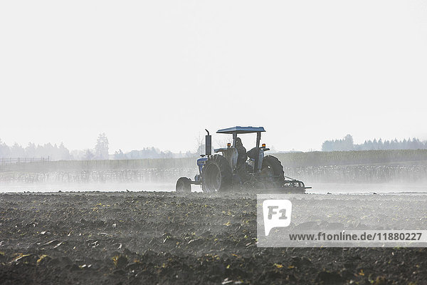 A farmer ploughing a field with a tractor and plough