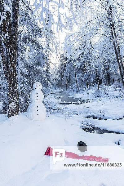 Ein lächelnder Schneemann mit einem weggeworfenen roten Schal und einem schwarzen Zylinder im Schnee vor ihm  der umgebende Wald mit Raureif bedeckt  kühles Winterlicht beleuchtet die Szene  Süd-Zentral-Alaska; Anchorage  Alaska  Vereinigte Staaten von Amerika'.