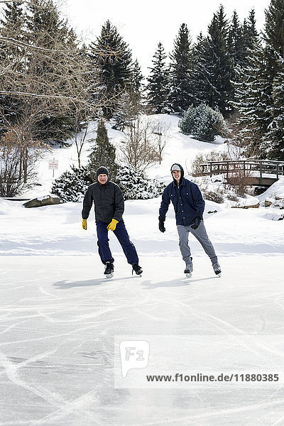 'Father and son skating on pond with snow covered bridge in the background; Calgary  Alberta  Canada'