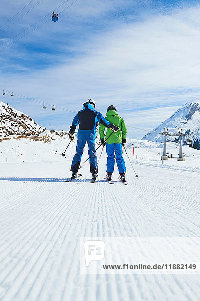 Father and son on skiing holiday  Hintertux  Tirol  Austria