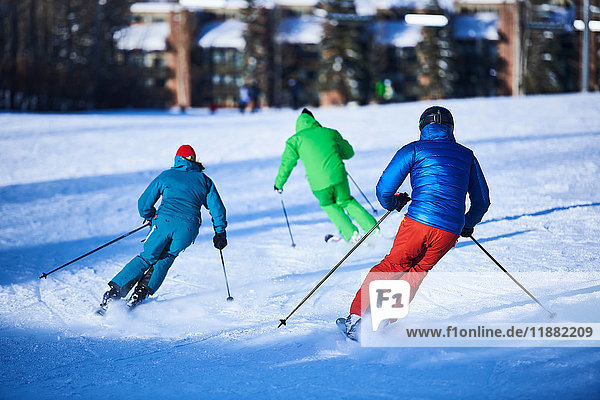 Rückansicht von männlichen und weiblichen Skifahrern  die eine schneebedeckte Skipiste hinunterfahren  Aspen  Colorado  USA