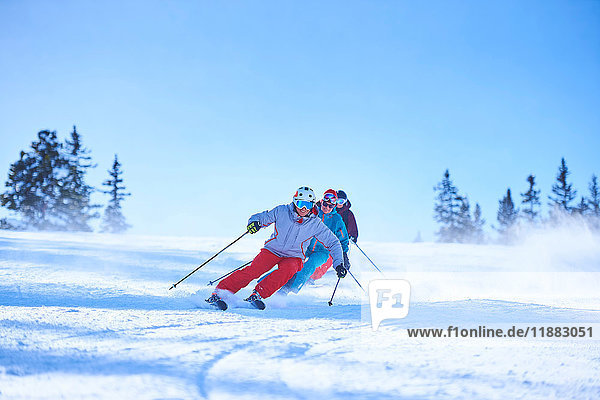 Reihe von männlichen und weiblichen Skifahrern auf schneebedeckten Skipisten  Aspen  Colorado  USA
