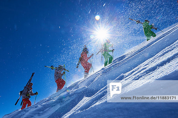 Fünf männliche Skifahrer stapfen den steilen  sonnenbeschienenen Berghang hinauf  Aspen  Colorado  USA