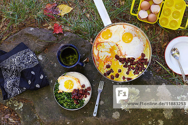 Draufsicht auf das zubereitete Frühstück auf dem Campingplatz  Colgate Lake Wild Forest  Catskill Park  Bundesstaat New York  USA