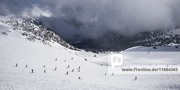 'Downhill skiers at a ski resort; Whistler  British Columbia  Canada'