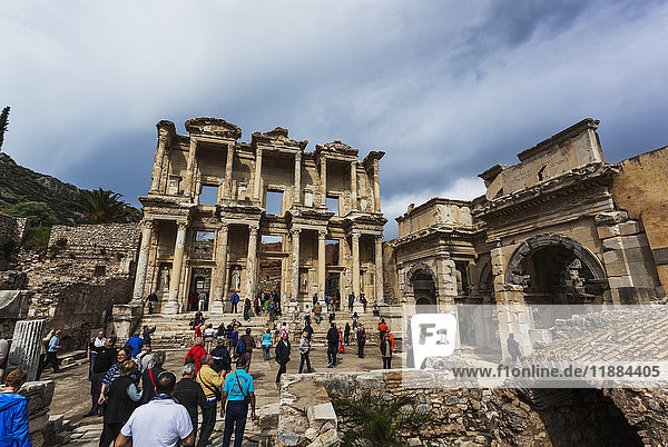 'Tourists at the ruins of Celsus Library; Ephesus  Izmir  Turkey'