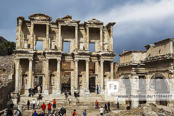 'Tourists at the ruins of Celsus Library; Ephesus  Izmir  Turkey'