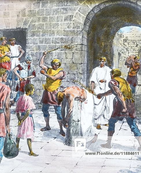 Ein handkoloriertes Laterna Magica-Dia um 1900. Serie Das Leben des Jesus von Nazareth. DIE SCOURGING