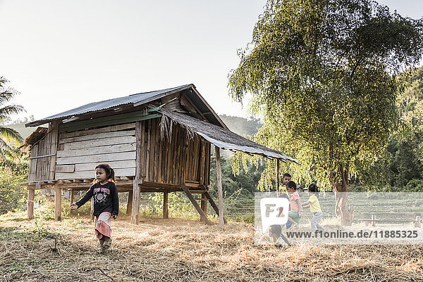 Junge Kinder spielen zusammen neben einem Holzhaus auf Stelzen; Provinz Luang Prabang  Laos'.