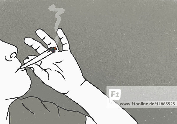 Abgeschnittenes Bild eines Mannes  der Marihuana raucht  vor grauem Hintergrund