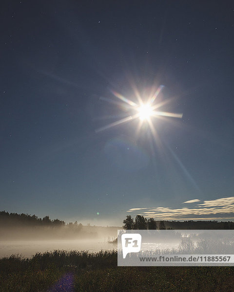Scenic view of sun shining over lake in forest