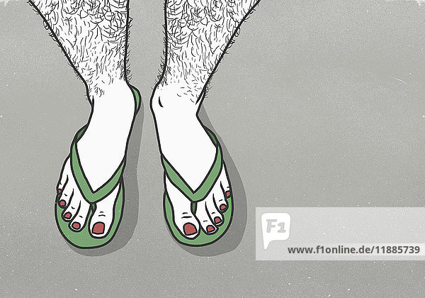 Niedrige Sektion des Mannes mit rotem Nagellack in Pantoffeln über grauem Hintergrund