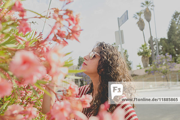 Mittlere erwachsene Frau steht an einem sonnigen Tag bei rosa Blumen  Los Angeles  Kalifornien  USA