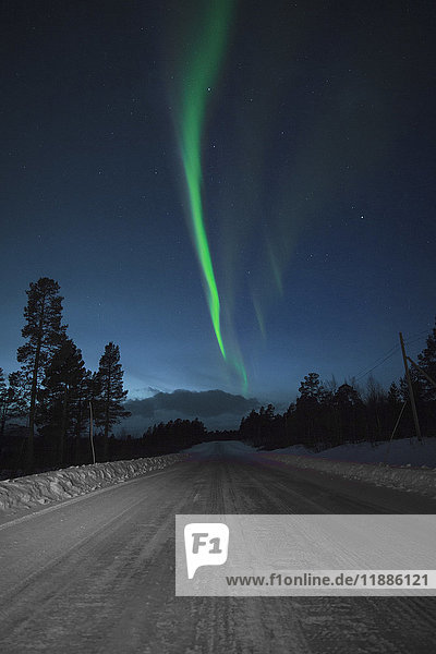 Idyllischer Blick auf Aurora Borealis über schneebedeckte Straße bei Nacht  Kiruna  Schweden