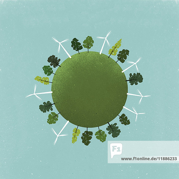 Kleines Planetenbild von Windmühlen und Bäumen auf dem Feld gegen den Himmel