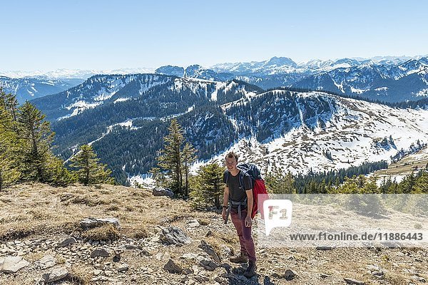 Hikers on trail to Brecherspitz  Schliersee  Oberbayern  Bavaria  Germany  Europe