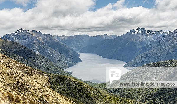 Südfjord des Lake Te Anau  Murchison Mountains  Südalpen im Hintergrund  Kepler Track  Fiordland National Park  Southland  Neuseeland  Ozeanien