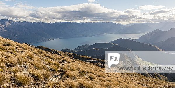 Blick vom Gipfel des Ben Lomond  Lake Wakatipu und Berge  Südliche Alpen  Otago  Südinsel  Neuseeland  Ozeanien