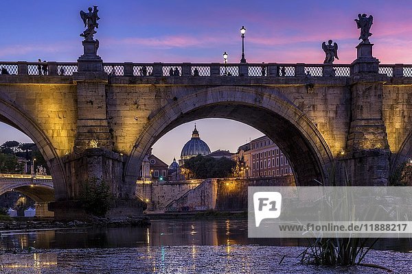Ponte Sant'Angelo bridge over Tiber with Saint Peter's Basilica  dawn  Rome  Italy  Europe