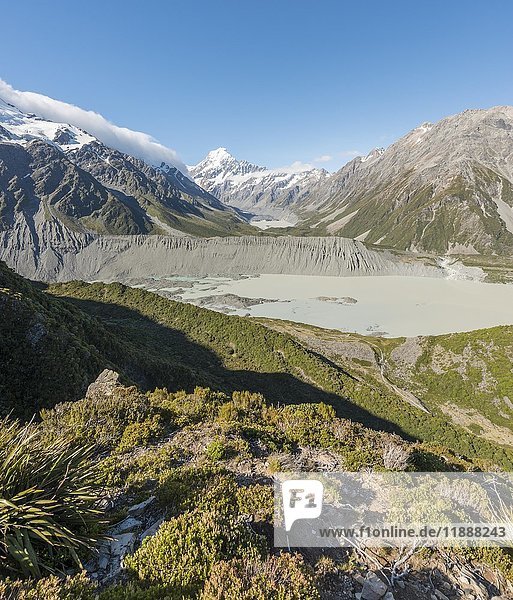 View of Glacier Lake Mueller Lake  Rear Mount Cook  Mount Cook National Park  Southern Alps  Hooker Valley  Canterbury  South Island  New Zealand  Oceania
