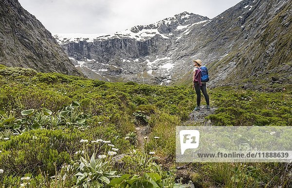 Female hiker looking at mountains  Fiordland National Park  Southland  New Zealand  Oceania