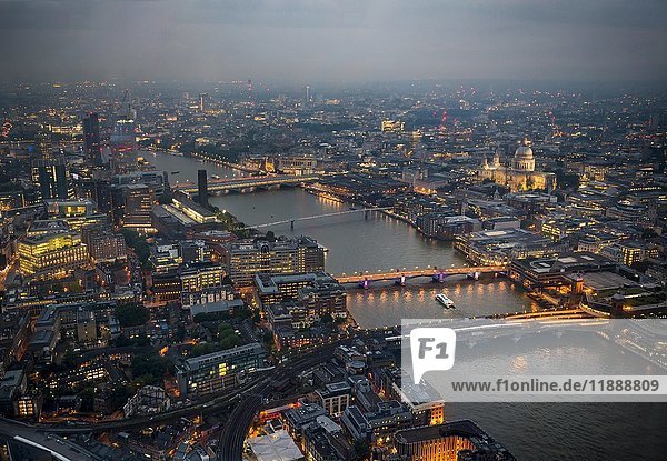 View of River Thames with London Bridge  Millenium Bridge and St. Paul's Cathedral  dusk  aerial view  London  England  United Kingdom  Europe