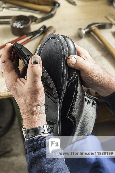 Shoemaker  hands attaching sole with glue and half-finished shoe with sewn in midsole  Kainisch  Styria  Austria  Europe