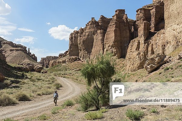 Man walking on the road  Valley of Castles  Sharyn Canyon National Park  Tien Shan Mountains  Kazakhstan  Asia