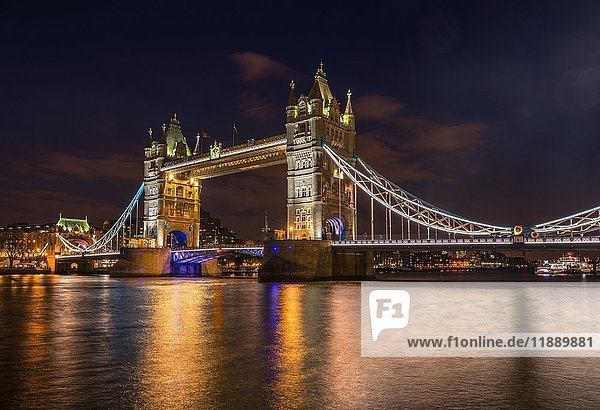 Illuminated Tower Bridge at night  water reflection  Southwark  London  England  United Kingdom  Europe