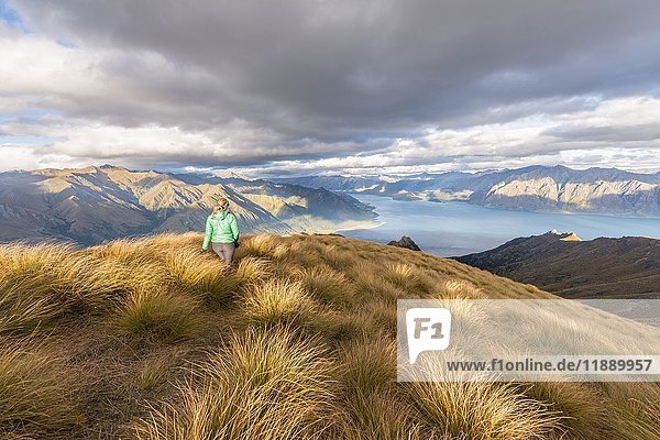 Hiking woman looking at lake  Lake Hawea and mountain landscape  Isthmus Peak  Otago  South Island  New Zealand  Oceania