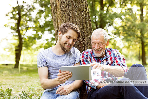 Glücklicher älterer Vater sitzt neben seinem erwachsenen Sohn in einem Park und schaut sich die Tafel an.