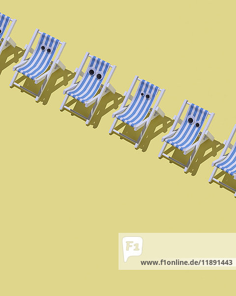 Row of beach chairs with eyes on yellow ground  3D Rendering