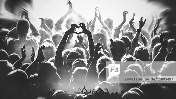 Rückansicht einer Person in einer Menschenmenge bei einem Konzert  die mit ihren Händen eine Herzform bildet  mit einem Ausschnitt der applaudierenden Menschenmenge