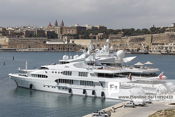 Luxury yacht Indian Empress  Marina at Dockyard Creek  view of Valletta  Vittoriosa  Birgu  The Three Cities  Malta  Europe