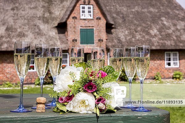 Sektgläser und Blumenstrauss vor Öörang Hüs Museum Amrum Nordfriesische Inseln Schleswig-Holstein Deutschland Europa