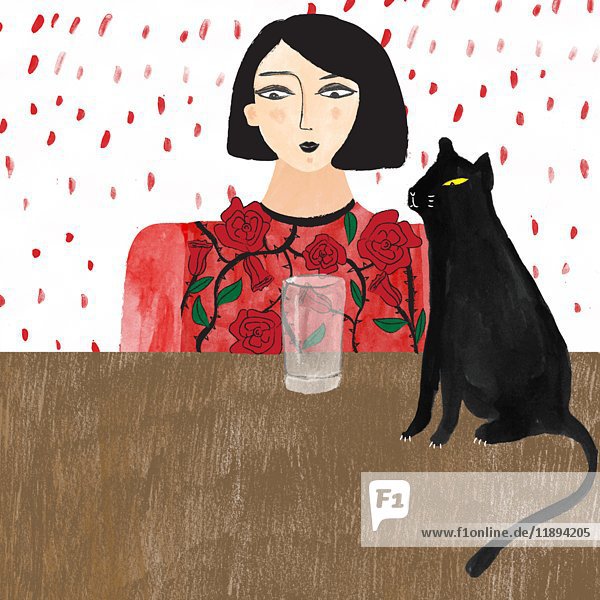 Telekinetische Frau  die ein Glas auf dem Tisch mit einer Katzenanimation bewegt