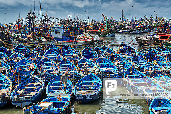 Fischerboote und Fischernetze im Hafen  Essaouira  Marokko  Afrika