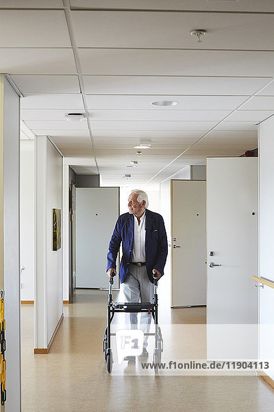 Volle Länge des älteren Mannes  der weg schaut  während er mit dem Rollator im Flur des Krankenhauses geht.