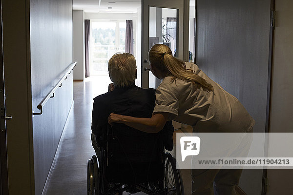 Rückansicht einer Krankenschwester mit einem älteren Mann im Rollstuhl auf dem Flur des Krankenhauses.